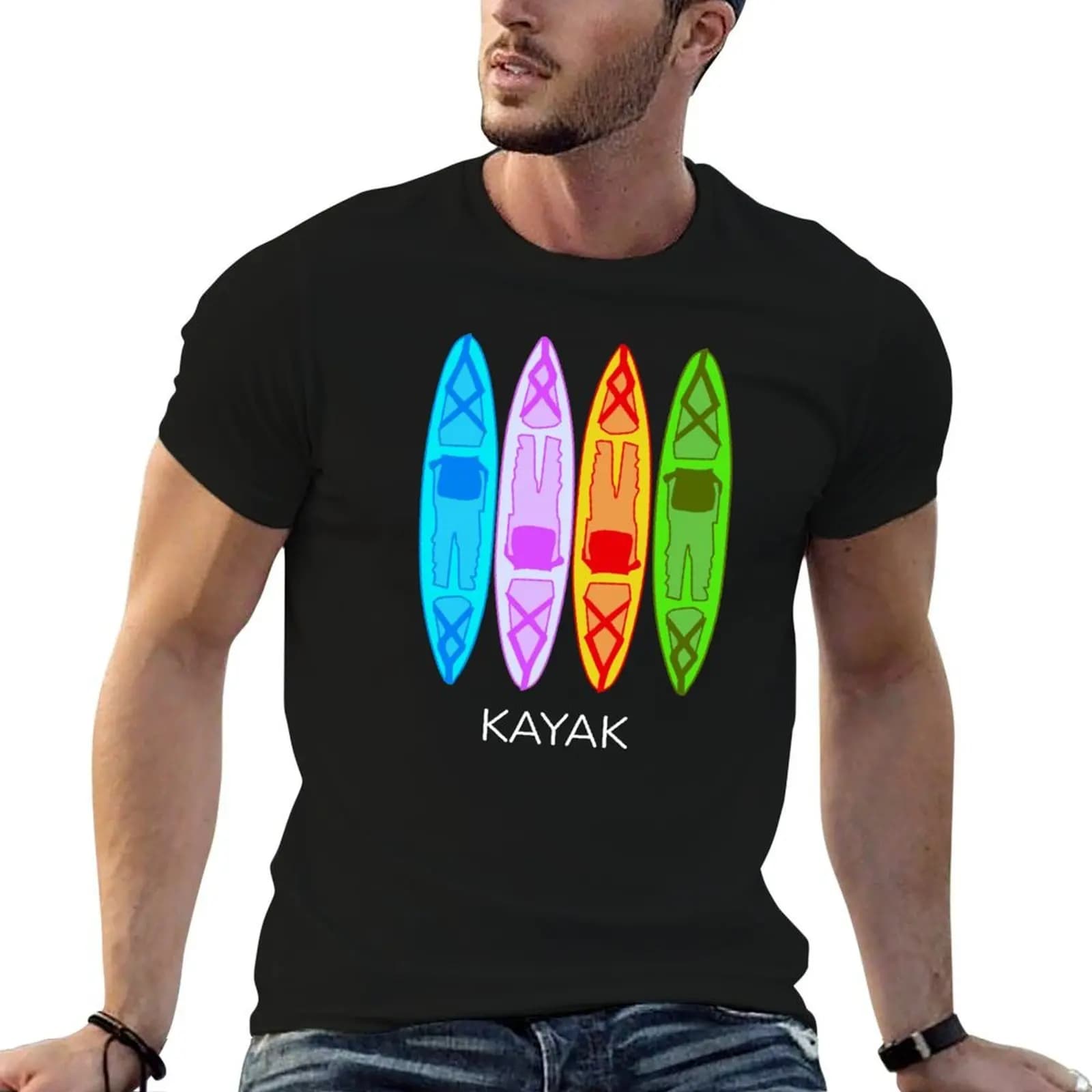 T-shirt da uomo con stampa grafica divertente di kayak e barche a remi in diversi colori, maglietta estiva da uomo
