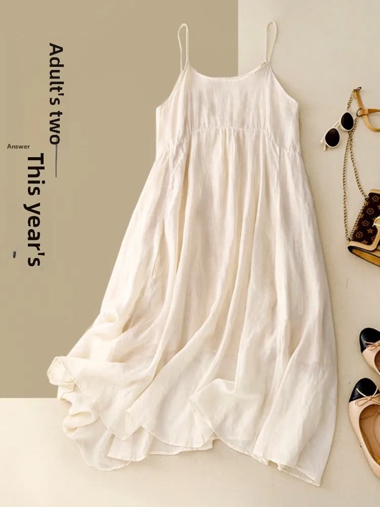 Women's Summer Dress without Sleeves in Cotton and Linen with Double Layer, Spacious and Vased, which hides the Pancia and Snellisce the Silhouette
