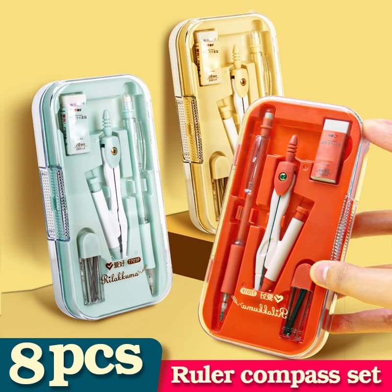 8-Piece Math Drawing Set,Drawing Tools,Including Compass,Ruler,Set Square,Protractor, Eraser,And Mechanical Pencil,Compass Set