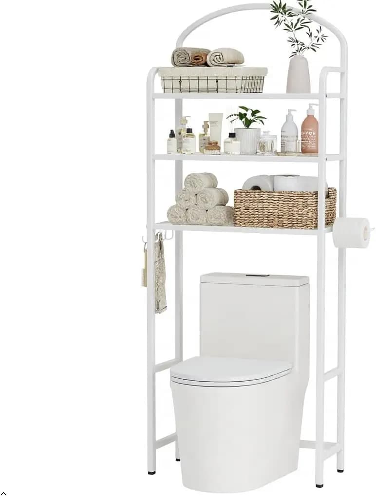 Organizzatore da bagno a 3 livelli sopra il WC, salvaspazio, scaffale portaoggetti sopra il WC con 4 ganci e porta carta igienica, Me