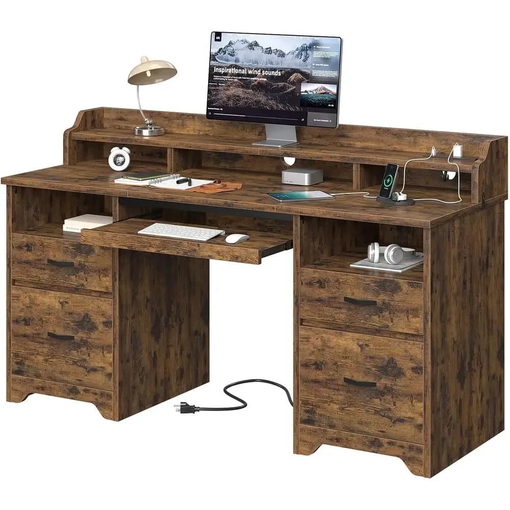 59 Executive Desk, Rustic Brown, with Drawers, Charging Station, Keyboard Tray, and Monitor Stand for Home Office