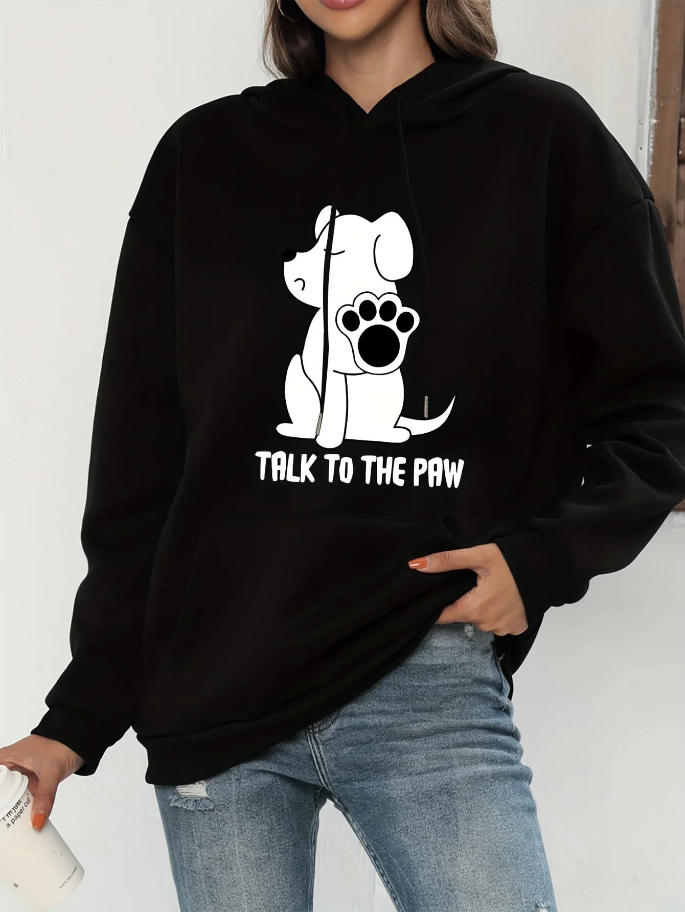 Parla alla zampa Divertente cane Stampa Donna Con cappuccio Moda Felpe Kawaii Girocollo autunnale Felpa con cappuccio calda Abiti casual da strada di base