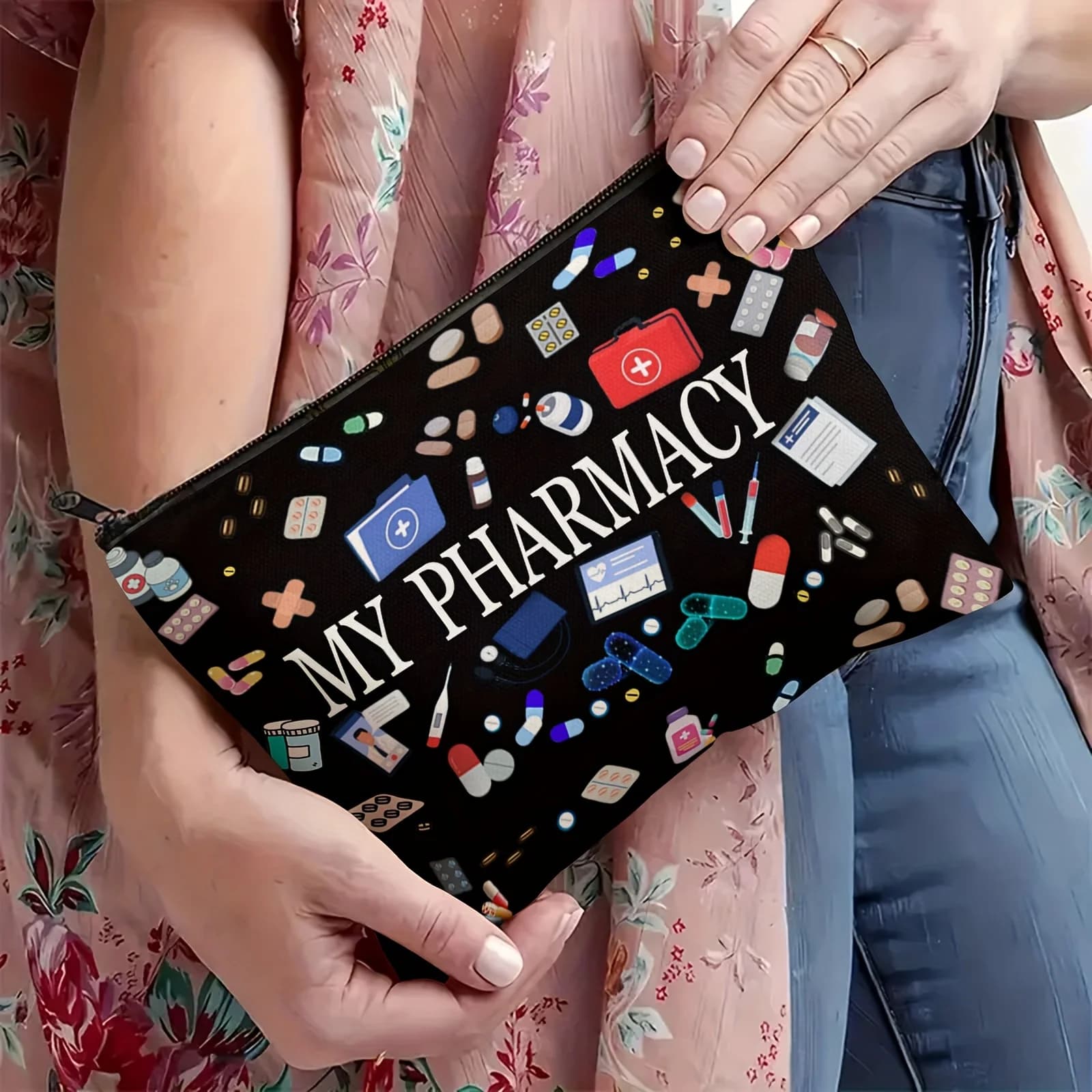 Pharmacy Theme Storage Bag: Multifunctional Organizer for Medicines and Case for Travel Cosmetics, Colorful Pill and Vitamin Printing