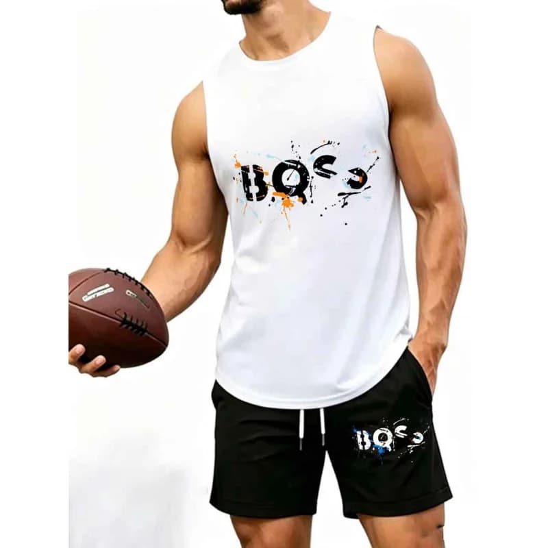 Tuta da uomo a 2 pezzi con stampa graffiti, canotta muscolare senza maniche e pantaloncini con coulisse, abbigliamento sportivo casual urbano