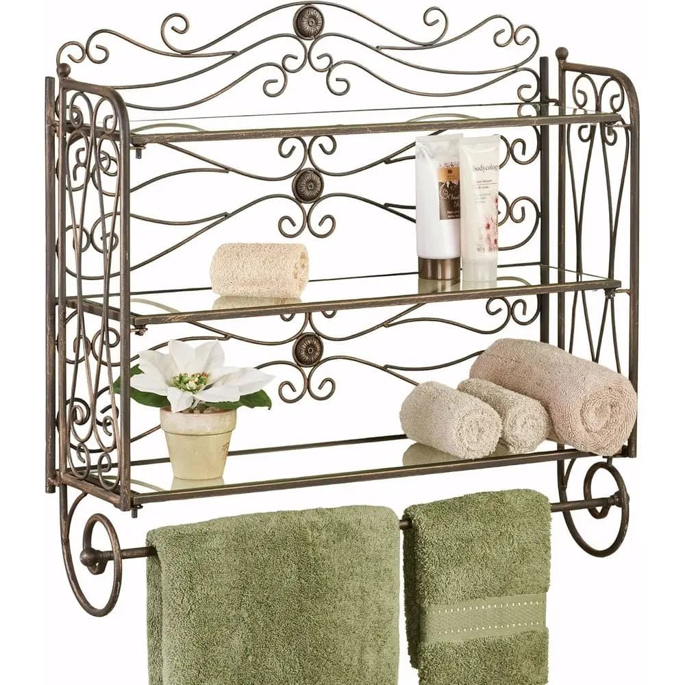 Elegante mensola da bagno Kadalynn con portasciugamani - Bronzo antico - Metallo lavorato a mano - Contenitore decorativo - Organizzatore da parete