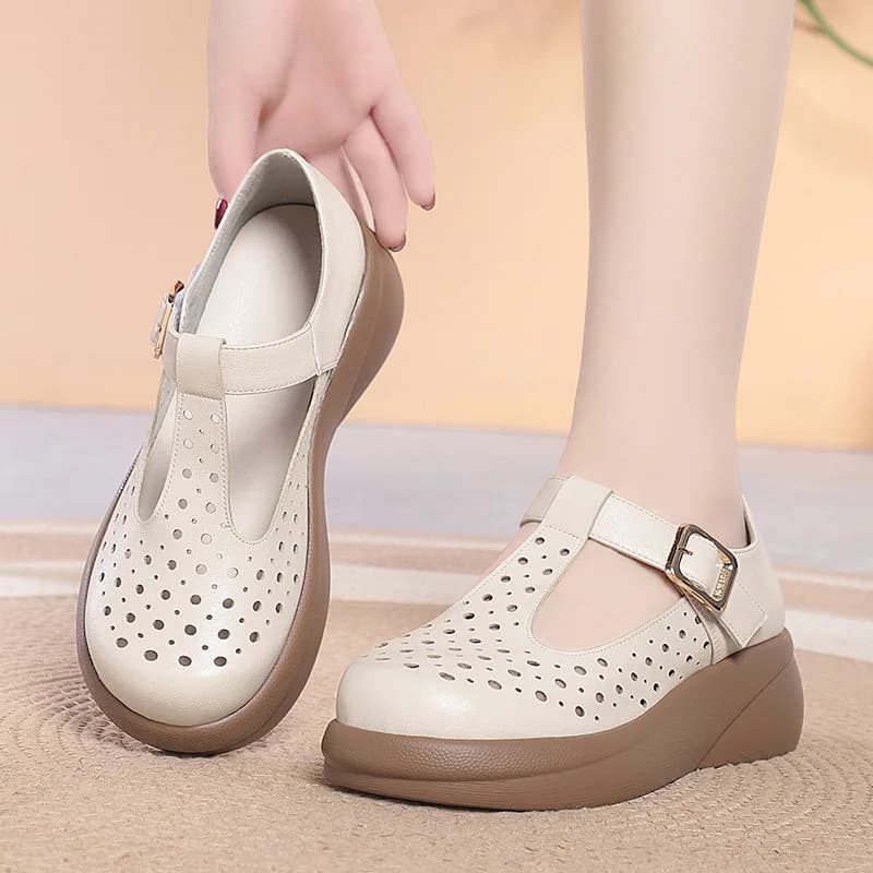 Mocassini in morbida pelle traspirante e confortevole con intaglio da 5 cm, scarpe basse con plateau da donna 2026, scarpe con fibbia a T per l'ufficio e l'uso quotidiano