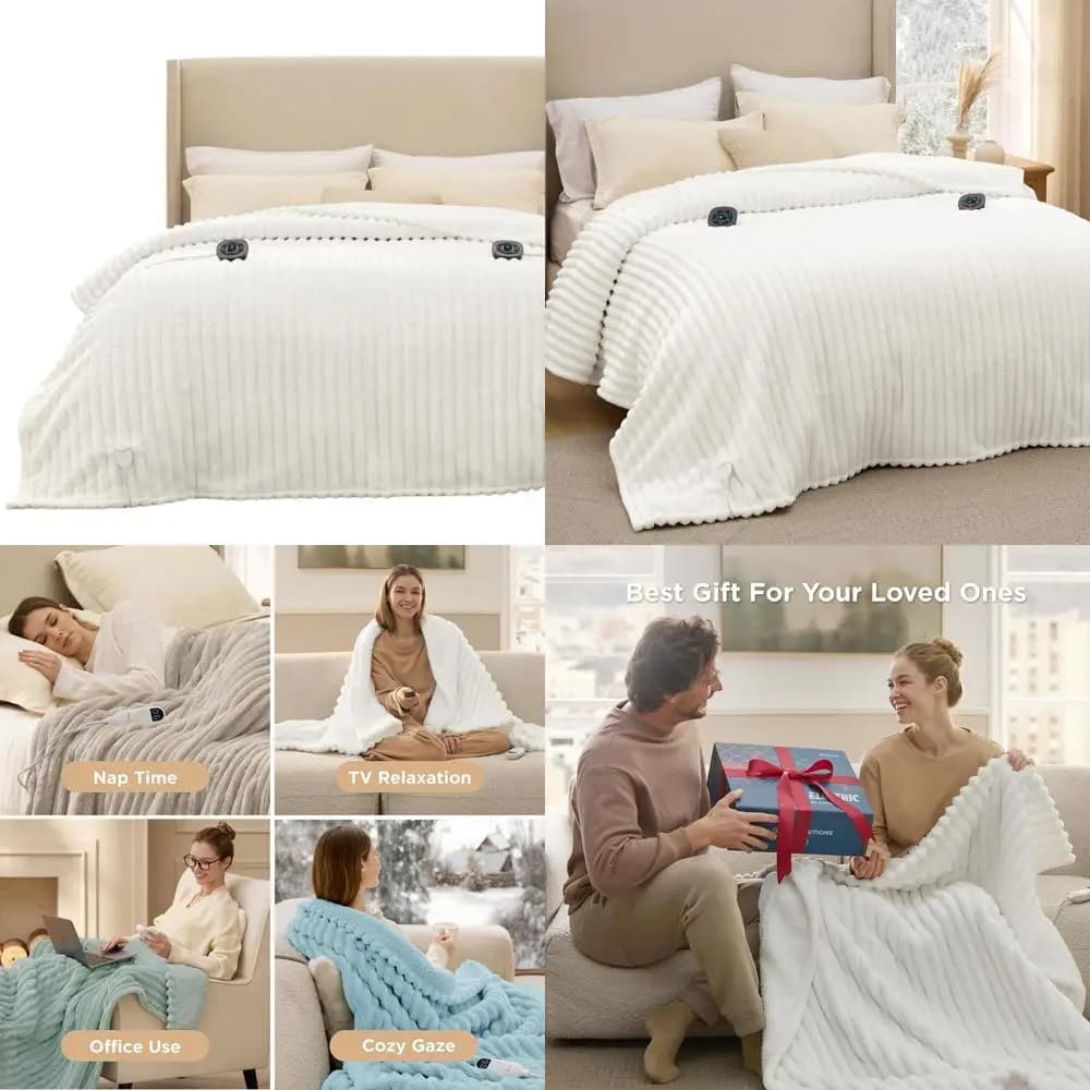 Coperta elettrica king size in flanella a righe spesse - Doppio controllo, 10 impostazioni di calore/tempo, spegnimento automatico di 8 ore (90x100 pollici, bianco)