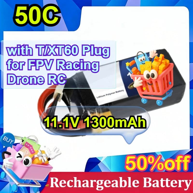 Lipo 3S 11.1V 1300mAh 50C Battery with T/XT60 Connector for FPV drones, RC helicopters and aircraft models