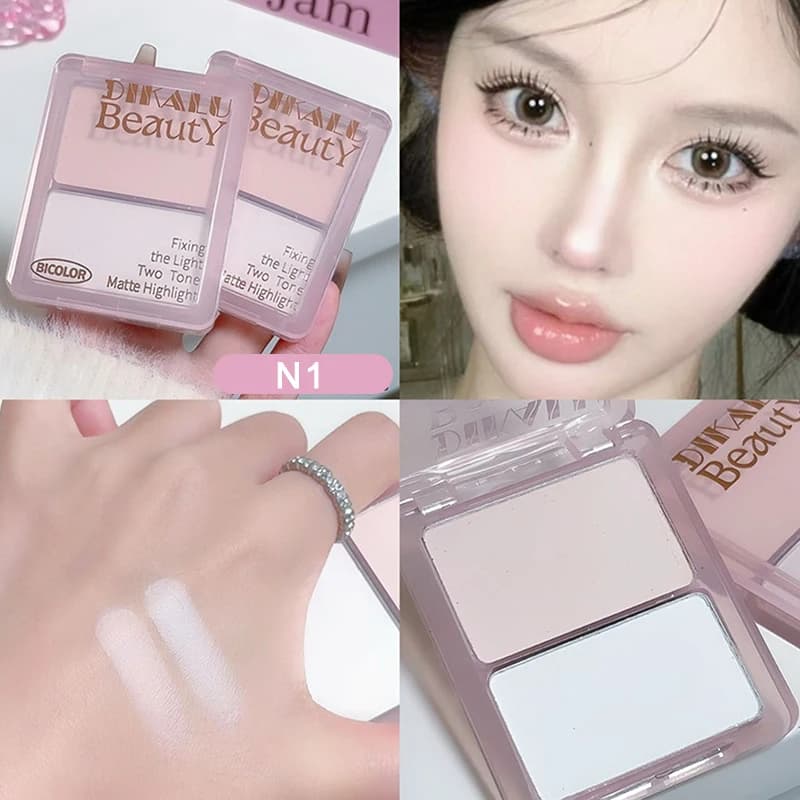 DIKALU Two-tone Highlight Contour Palette Matte White Highlighter Grey Brown Nose Shadow Face Bronzer Brighten Powder Makeup