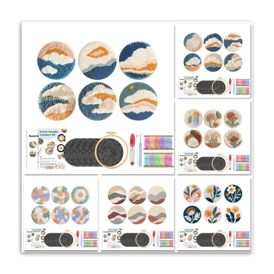 GATYZTORY Scenery Embroidery Kit Punch Needle Set Coaster Love Heart Cross Stitch Hand Tufted Magic DIY Craft Arts Sewing Set