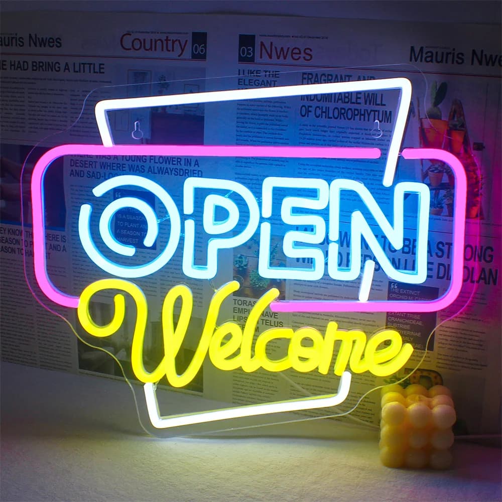 Aperto Benvenuto Neon Led Sign Art Neon Lights Insegne luminose aziendali Alimentazione USB Insegne pubblicitarie Pannello Lampade da parete Negozio Logo
