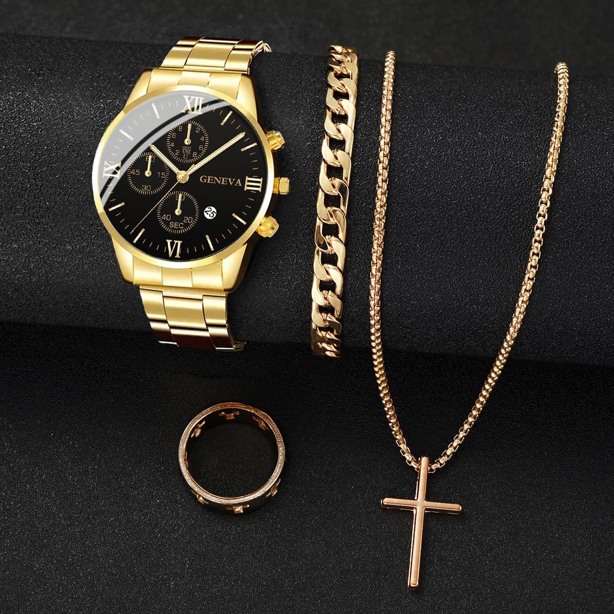 4 pcs/set men's fashion quartz watch with silver steel strap men's workpieces Jewelry Set (without box)