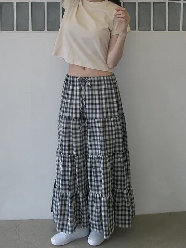 Retro Chic Plaid Sash Long Casual Skirt Women's Spring Autumn Winter Fashion Korean Style School Street Scene Travel Skirt
