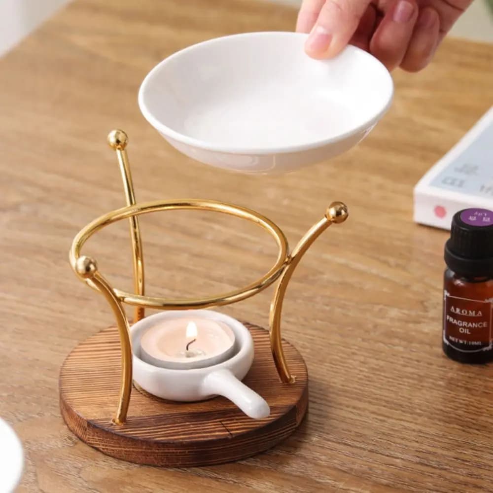 Diffusore di Aromi in Metallo e Ceramica con Base in Legno, Stufa per Aromaterapia, Scaldacera per Uso Domestico