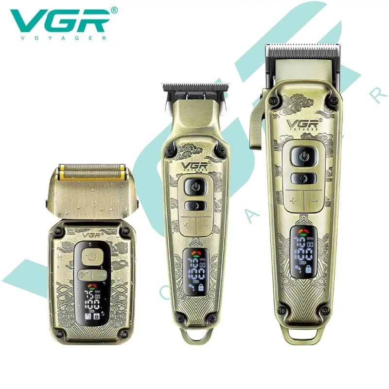 VGR V-642 Set di rifinitura dei capelli di fascia alta 3 in 1 macchina da barba da uomo retrò in metallo lama alternativa rasoio rilievo corpo push shear