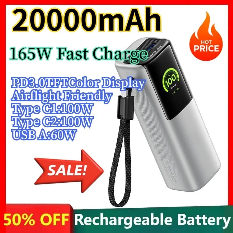 Hot Sale 20000mAh Power Bank 165W QC Fast Charger with Built-in Cable LED Display Portable Battery for iPhone Samsung etc.