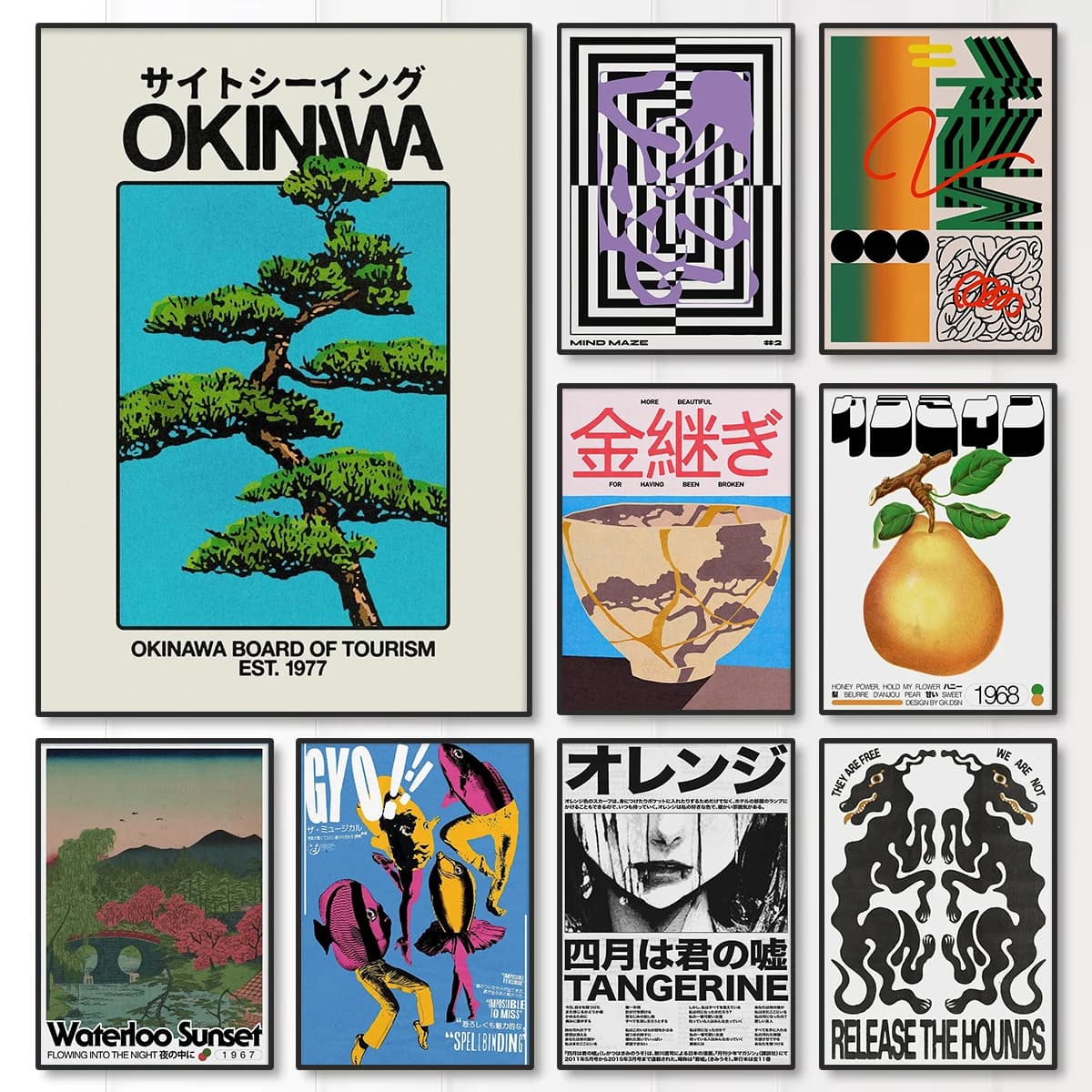 Japanese Okinawa Prefecture Canvas Poster Mid-century Bauhaus Geometric Snake Animal Wall Art Prints for Living Room Home Dec