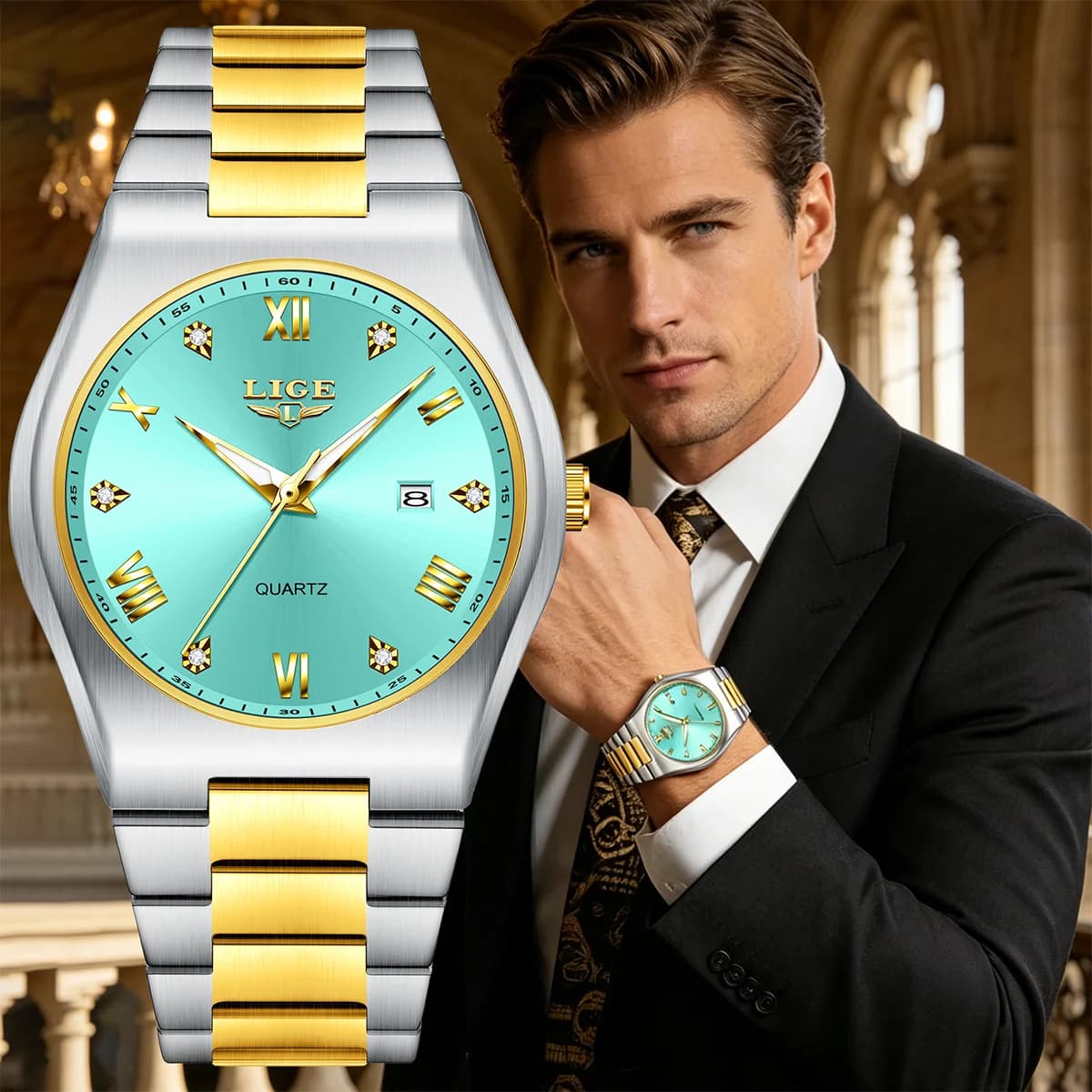 Orologio da Polso LIGE di Lusso al Quarzo per Uomo, Sportivo, Impermeabile, Luminoso, con Data e Giorno, in Acciaio Inossidabile + Confezione