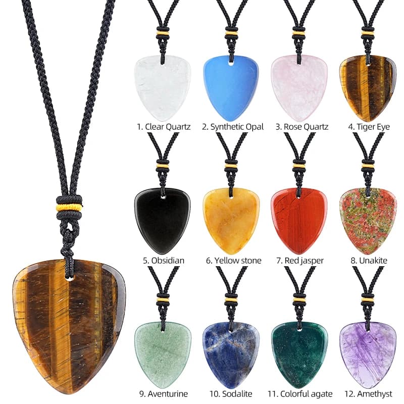 1pc Natural Stone Guitar Pick Pendant Necklace Amethyst Tiger Eye Crystal Adjustable Rope Necklace Jewelry