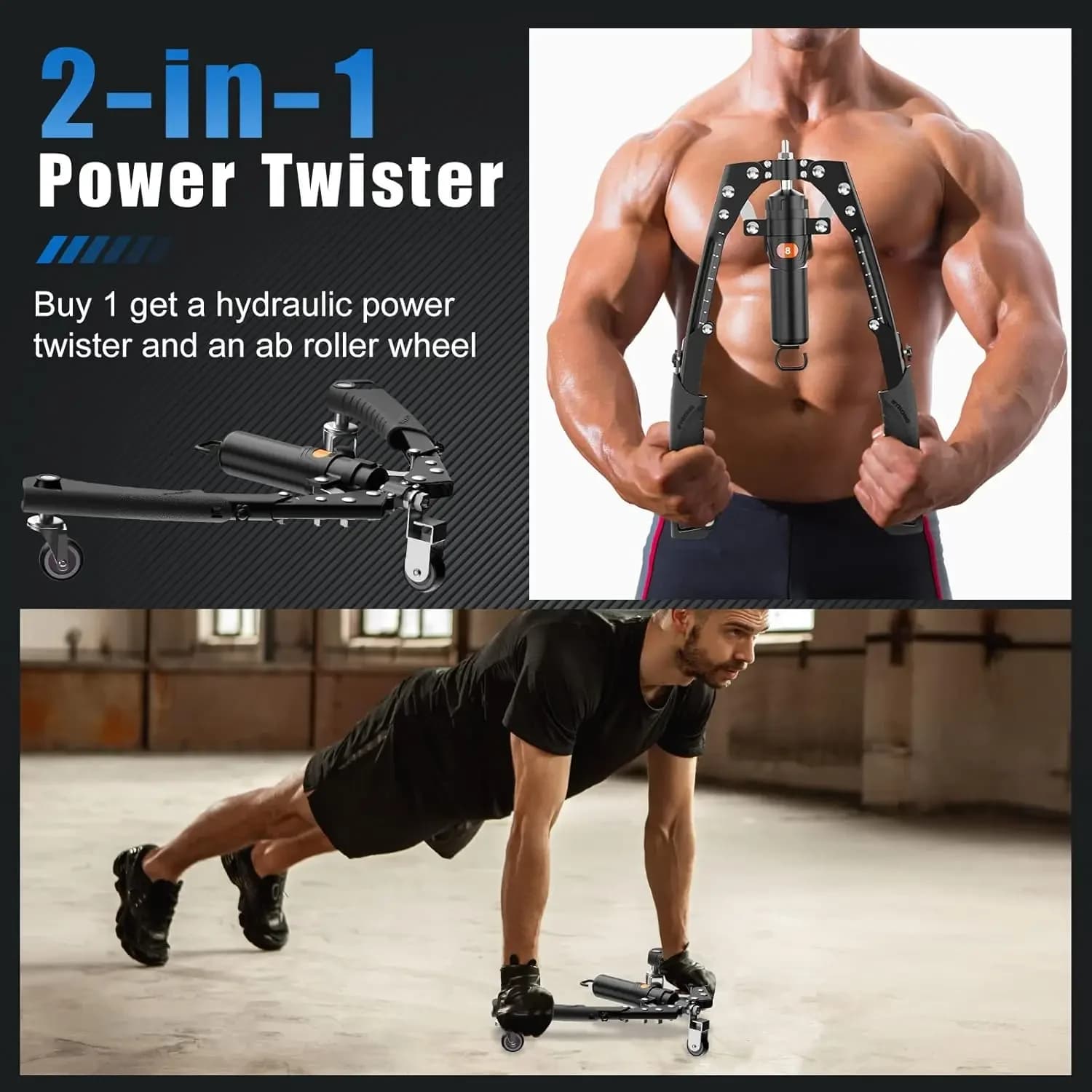 2‑in‑1 Hydraulic Power Twister & Ab Roller Wheel,Chest Arm Abdominal Core Strength Trainer with Universal Wheels