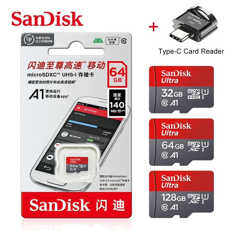 Scheda di memoria originale SanDisk A1 256GB 128GB 100MB/S 64GB 32GB Scheda Micro SD Classe 10 UHS-1 Flash Microsd TF + Lettore di schede Type-C