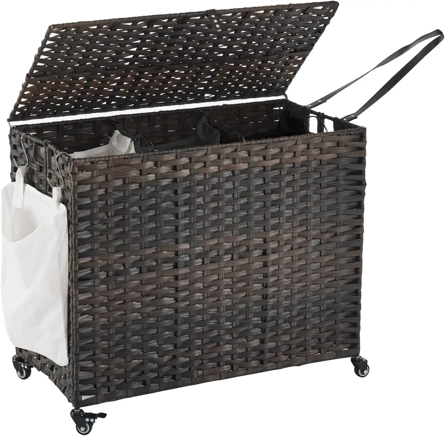 Basket for Bucato with Wheels from 52,8 Gallons, with Cover, Wheels, Removable Lining and Net Bags, Brown