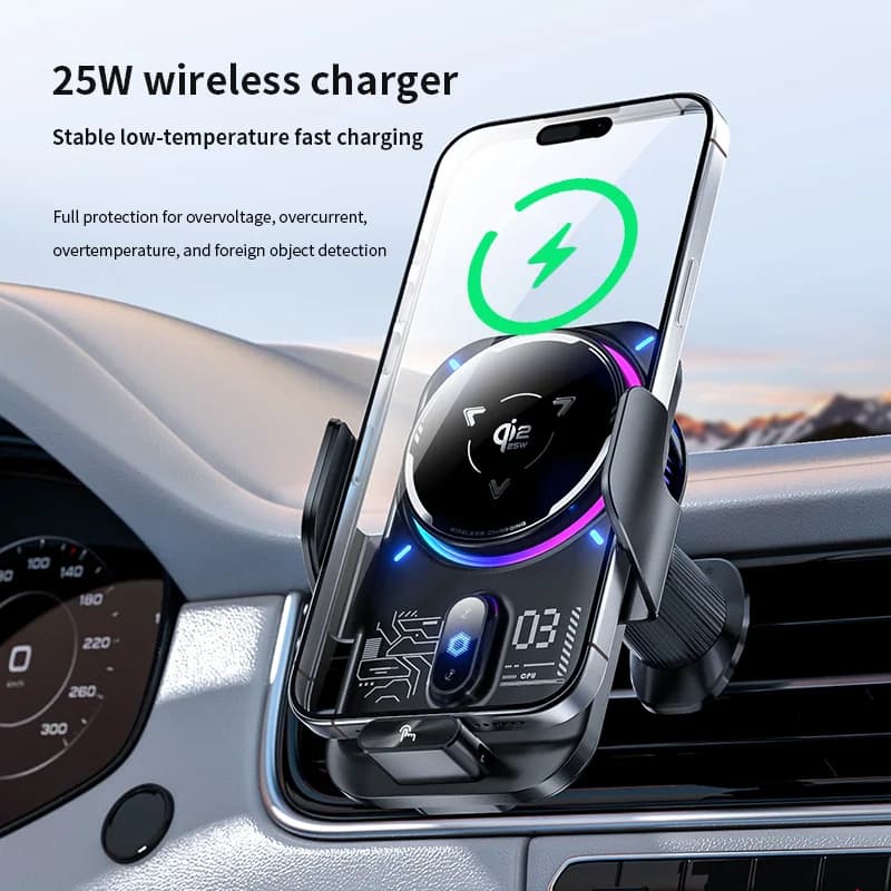 2-in-1 Magnetic Qi2 25W Wireless Charger Car Phone Holder ICE Cooling Auto Induction RGB Light For iPhone 17 Samsung S25 Ultra