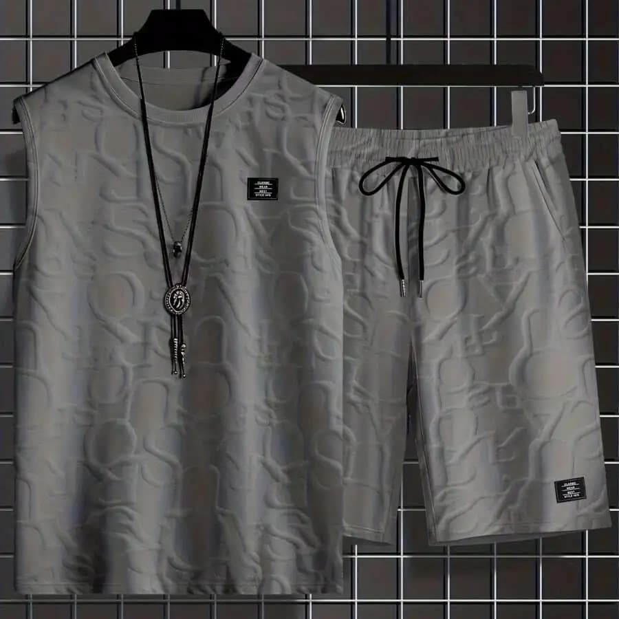 Set di canotta jacquard senza maniche e pantaloncini con coulisse da uomo, outfit casual estivo
