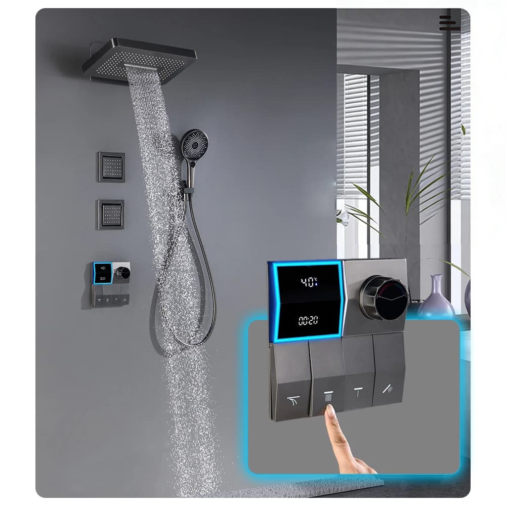 LED Shower Set with Large Digital Display, 4 Functions Rain Shower Head, Brass Thermostatic Mixer