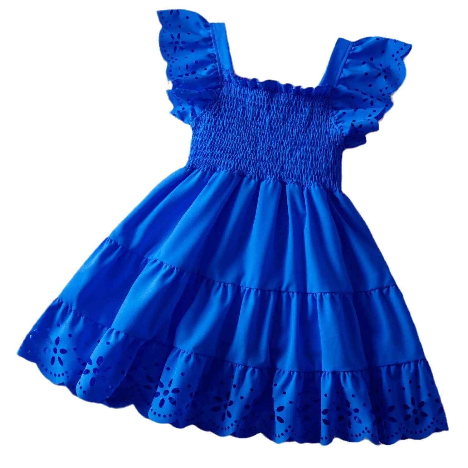 2025 New summer girls' dress solid color short sleeve lace princess skirt flying sleeve ruffled dress 1-6 Years Old
