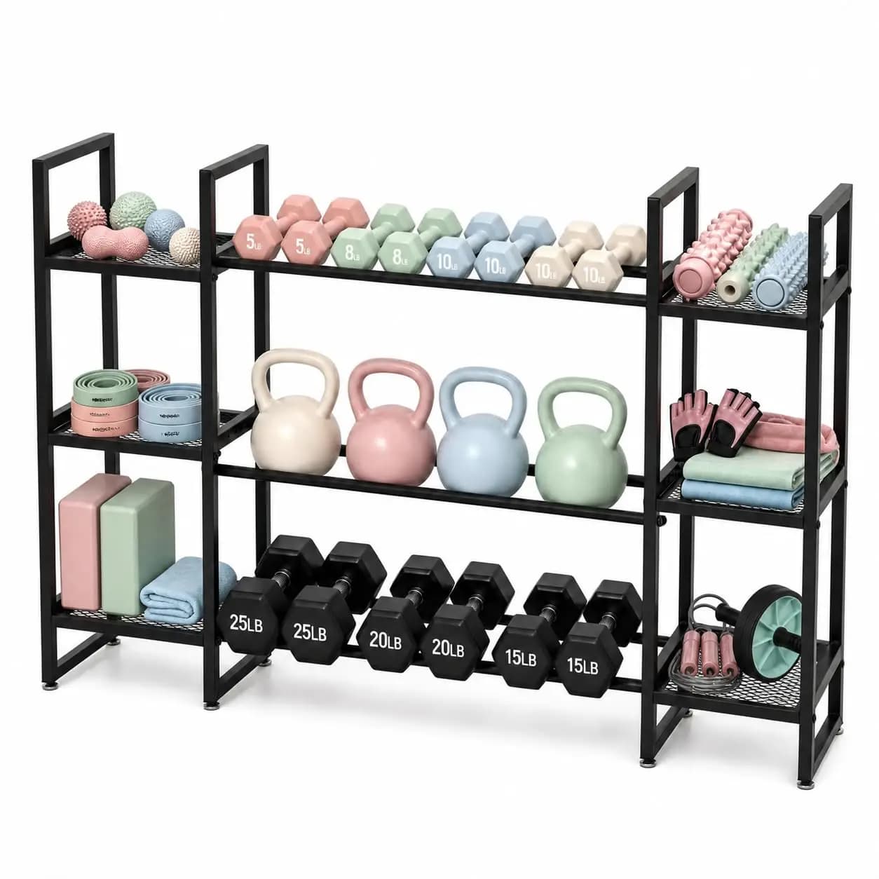 Dumbbell Rack 3 Tier, 260 Lb Per Tier Weight Rack For Home Gym, 54.6 In Triple Column Dumbbell Stand, 2 Mesh Sections And 1 Steel Tube Section, All In One Workout Equipment Storage, Rack Only