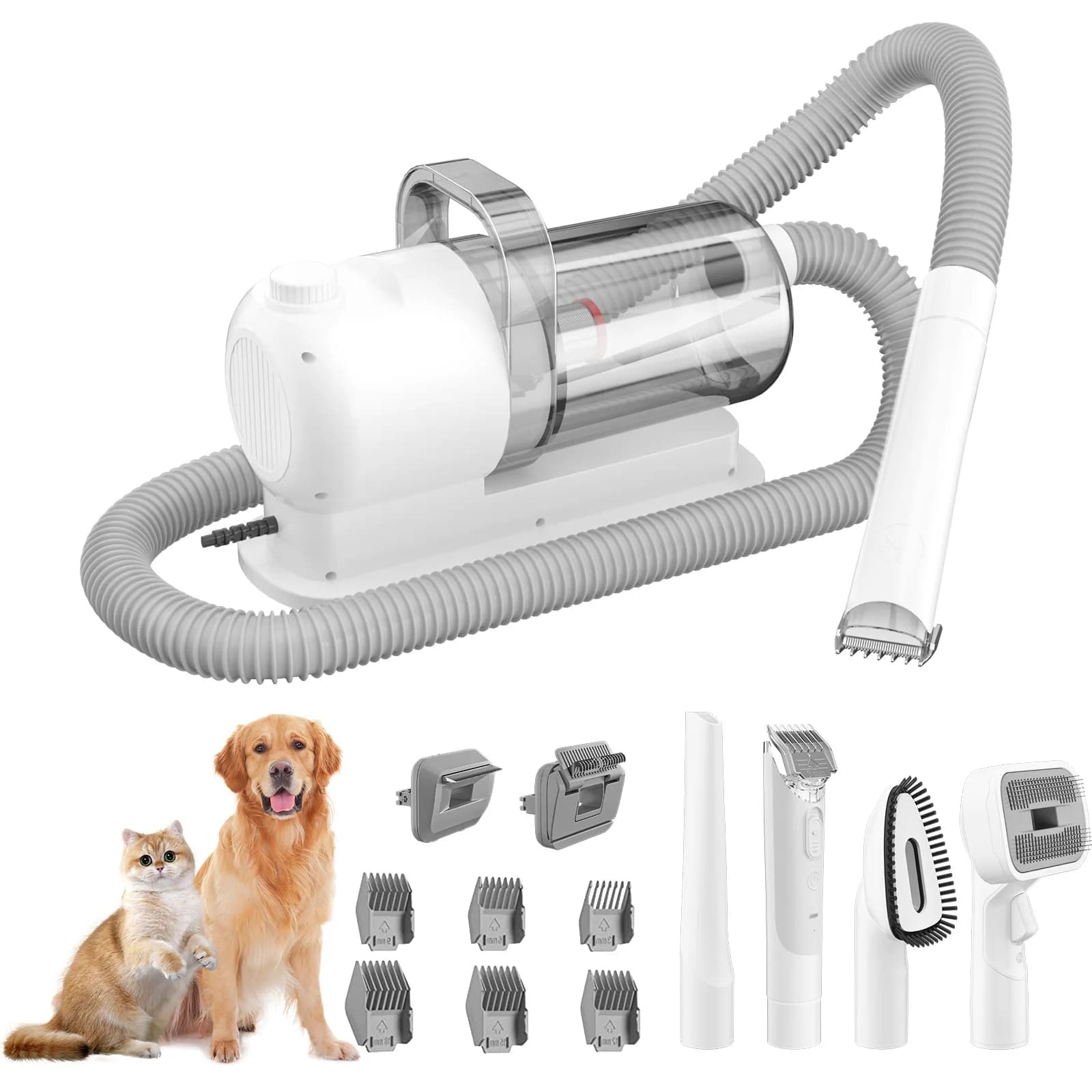 Kit per toelettatura rasoi per animali domestici e aspirazione sottovuoto Tagliacapelli professionali per peli di animali domestici al 99% con pettini guida di 6 dimensioni Capelli lunghi o corti Gatto Cane