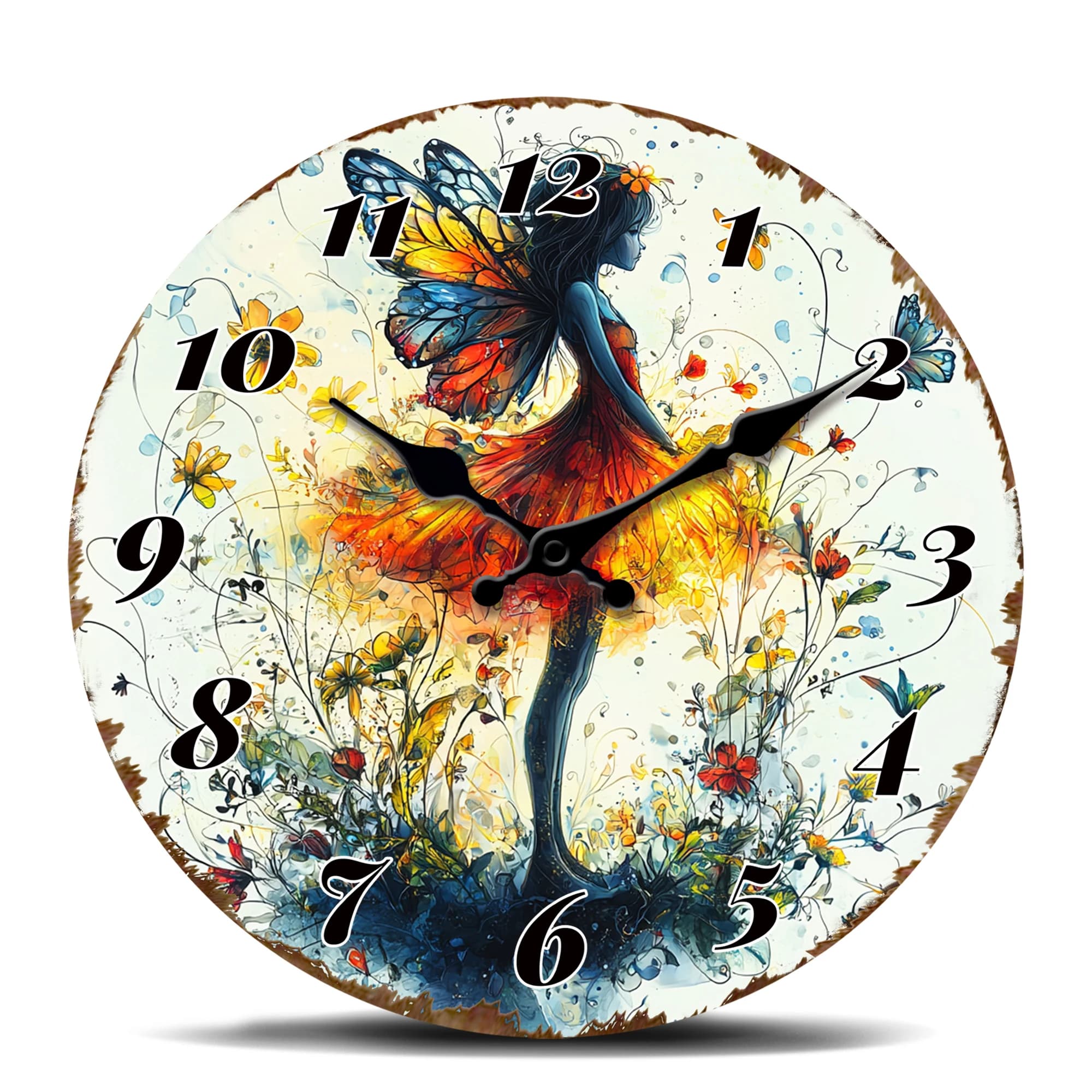Round Wall Clock with Butterfly Fairy in the Enchanted Garden, Magical and Fantasious Decoration