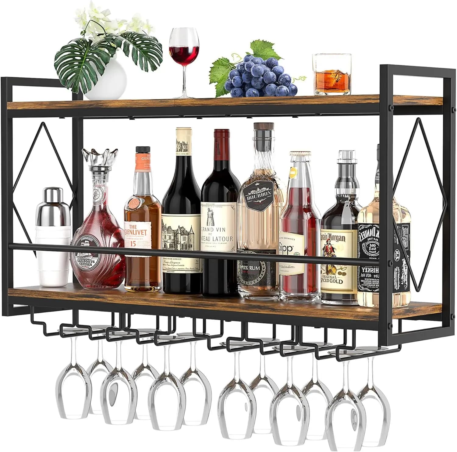 Portabottiglie da parete con luce a LED, ripiani da bar da 31,5" con supporto in vetro, portaoggetti da appendere in metallo per cucina, bar domestico