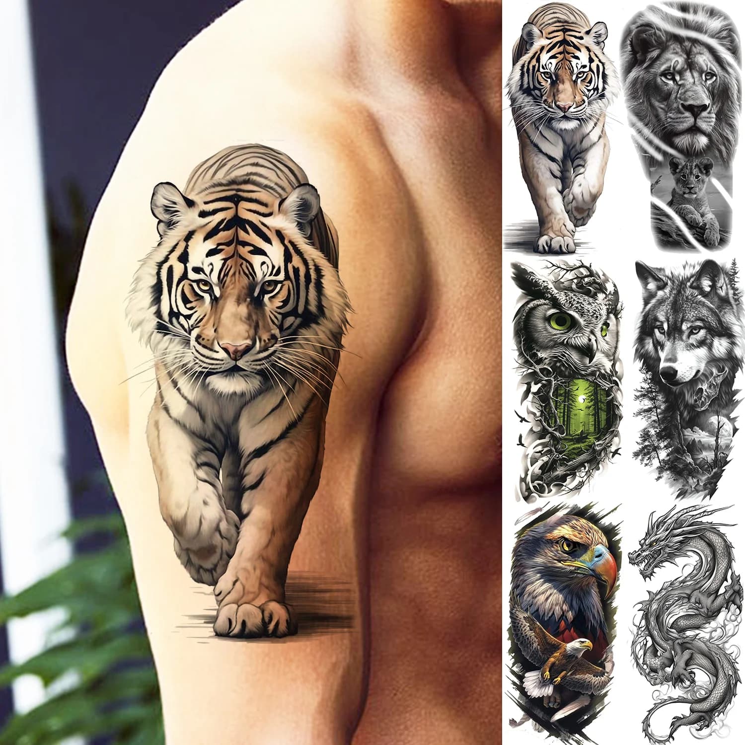 1 foglio di tatuaggi temporanei alla moda cool tigre lupo aquila per uomini donne adesivi per tatuaggi finti animali realistici impermeabili ultimo lungo