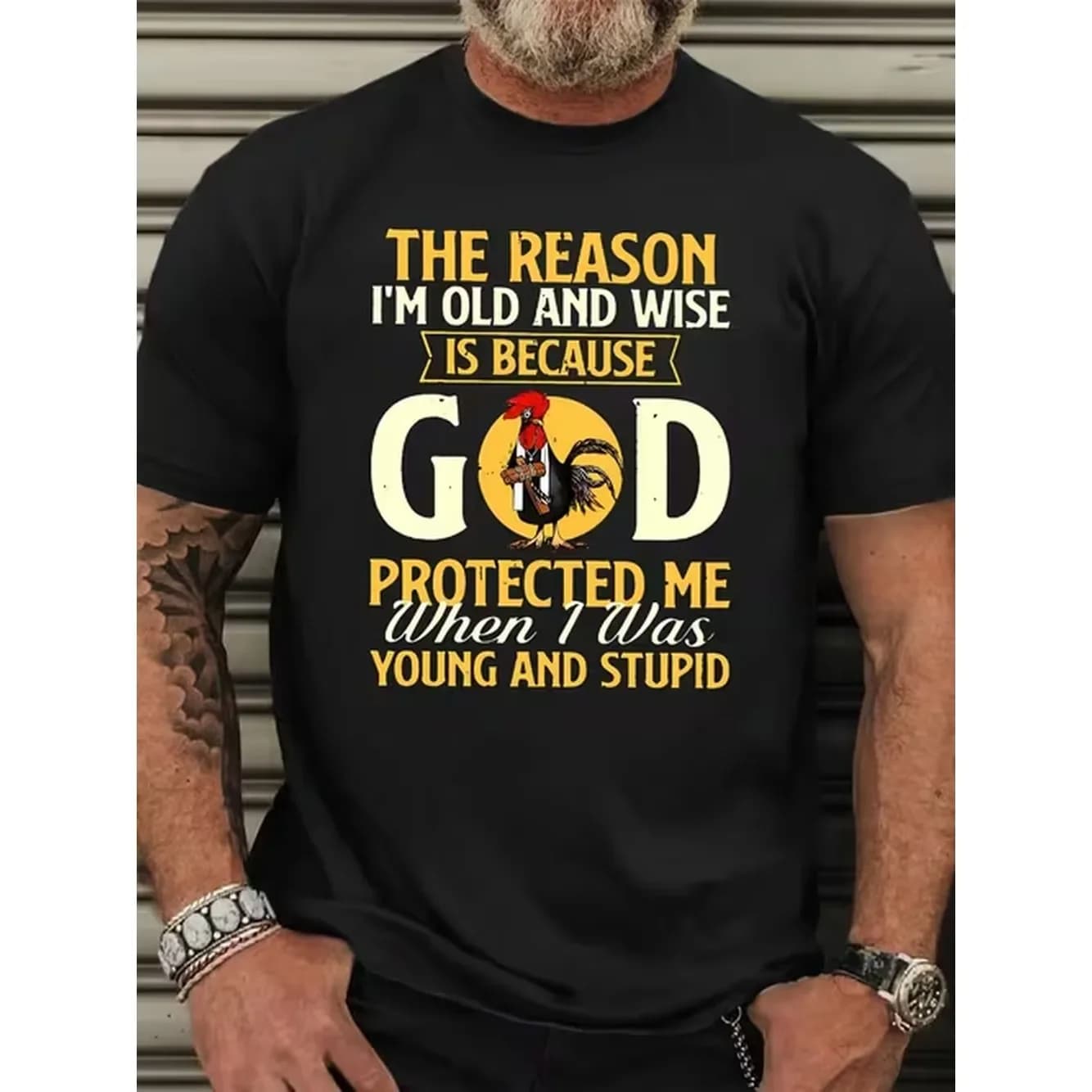 Plus Size Mens Clothing Protective Wisdom Mens T Shirt Graphic Design Featuring Rooster and Inspirational Quote I M Old and Wise Is God Protected Me and Stupid Great Gift for Encouraging on Casual Occasions