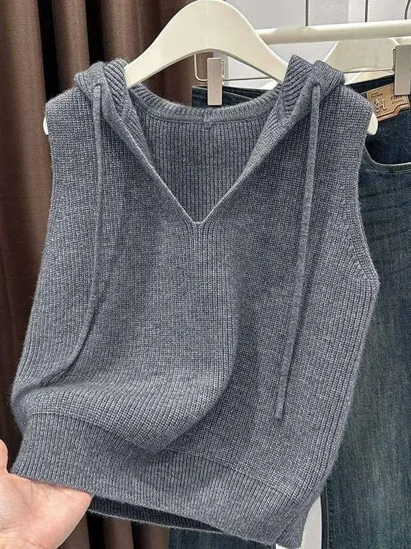 Nuovo Gilet Estivo Lavorato a Maglia da Donna, Semplice e Morbido, Top Corto Trendy per il Lavoro, Elastico, Lunghezza Regolare, Tinta Unita, con Cappuccio