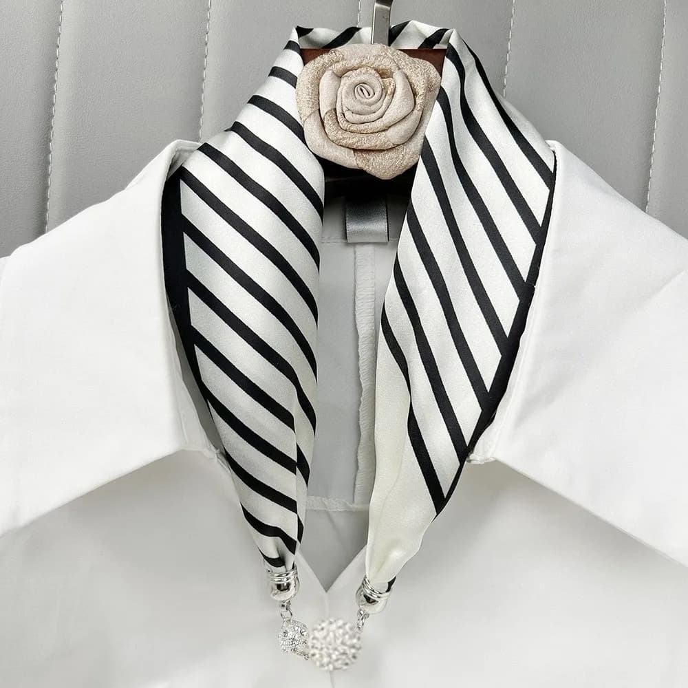 Pearl Diamond Silk Scarf Korean Retro Clavicle Magnetic Buckle Scarf Necklace Small Strip Women's Scarf Chain Women's Wear