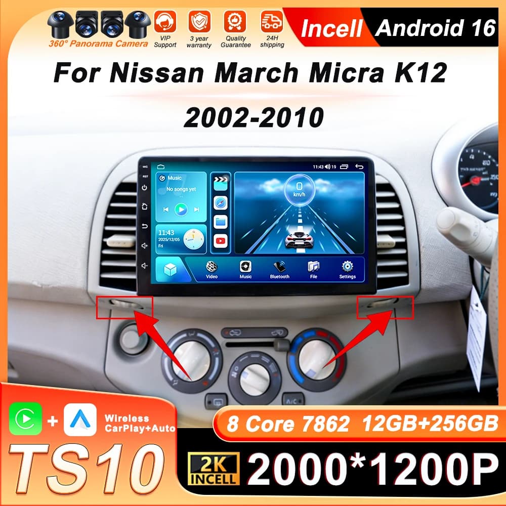 Autoradio Android 16 con Carplay Wireless per Nissan March Micra K12 2002-2010, Navigazione GPS, Touch Screen, BT, Wifi, 4G, FM, DSP