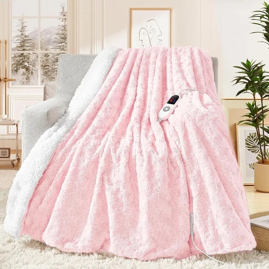 Coperta riscaldata elettrica 84x90 Queen Size con finta pelliccia di coniglio e tessuto Sherpa presenta 6 impostazioni di calore e 12 ore automatiche S