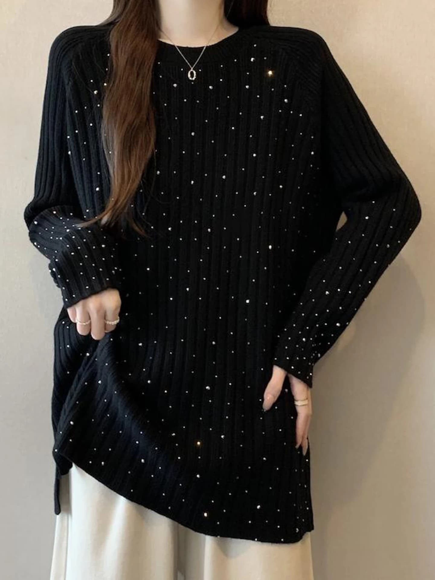 Maglione in maglia con paillettes lucide da donna, autunno inverno, taglie forti, effetto snellente, lunghezza media, maglia base calda a girocollo