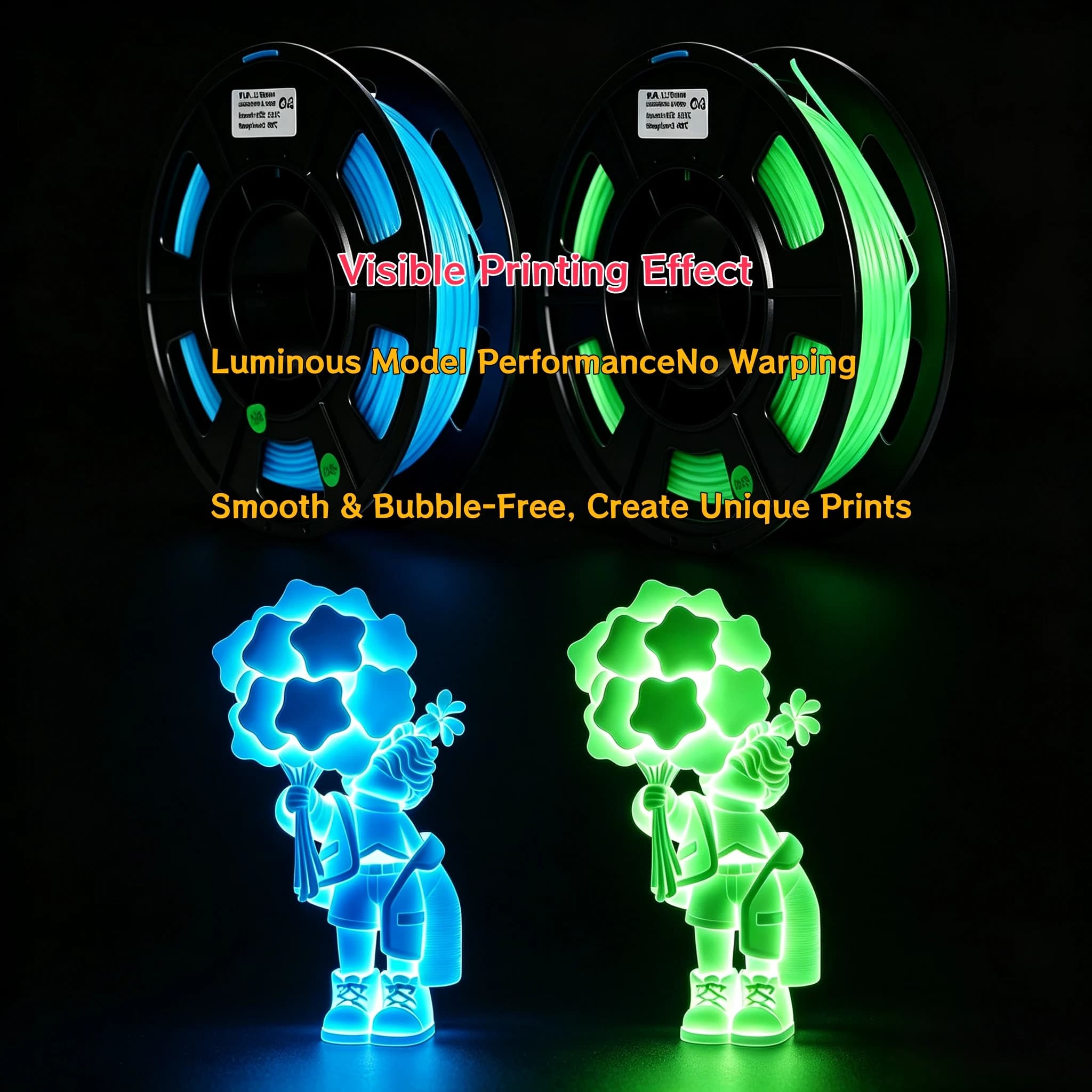 Multicolor Glow-in-the-Dark PLA Filament 1.75mm Luminous 3D Printing Consumables Smooth Compatibility with Most FDM 3D Printers