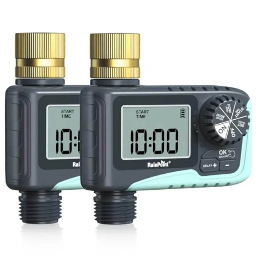 Timer per irrigazione a 2 uscite con raccordo girevole in ottone per tubo da giardino, programmabile con ritardo pioggia/irrigazione manuale, digitale