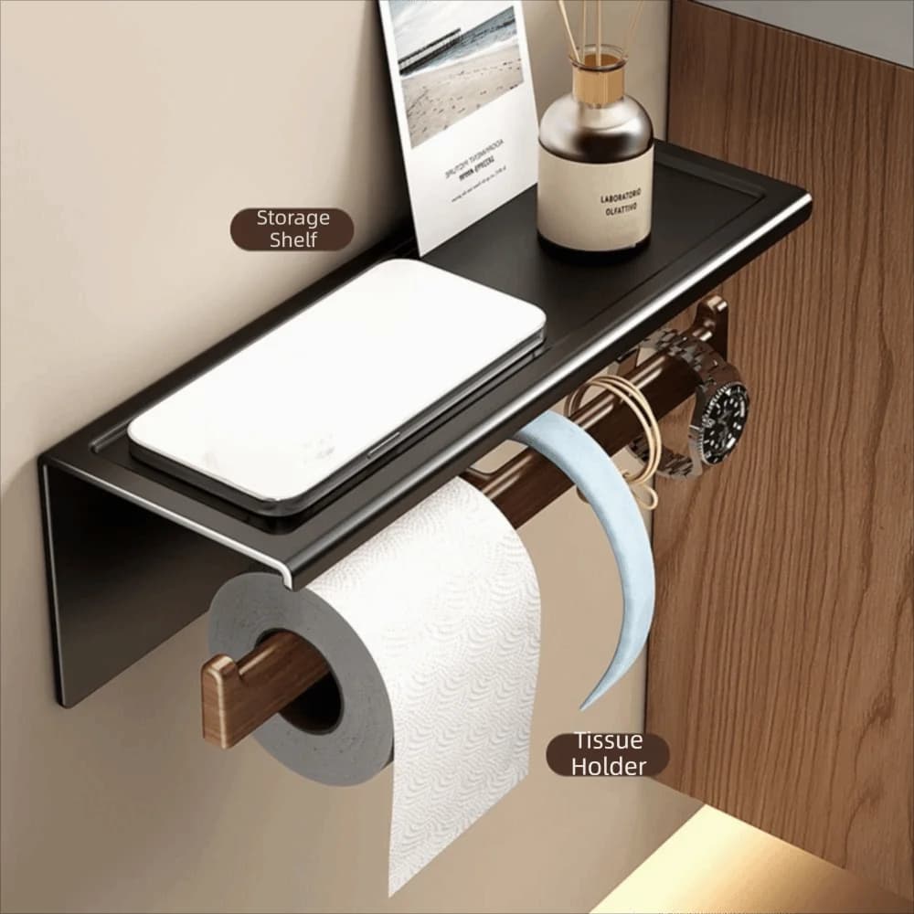 Portarotolo da Parete in Legno con Vassoio Portaoggetti, Impermeabile, Salvaspazio, Antiruggine per Bagno
