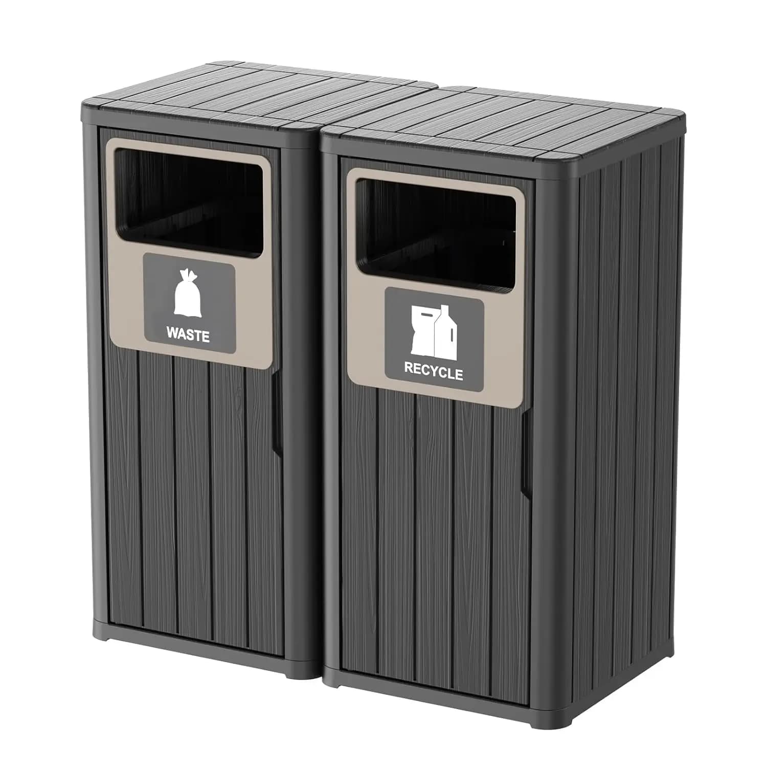 Cestino per rifiuti a doppio scomparto da esterno, bidone della spazzatura in resina impermeabile con etichette per rifiuti, contenitore per rifiuti resistente per portico, giardino, cucina