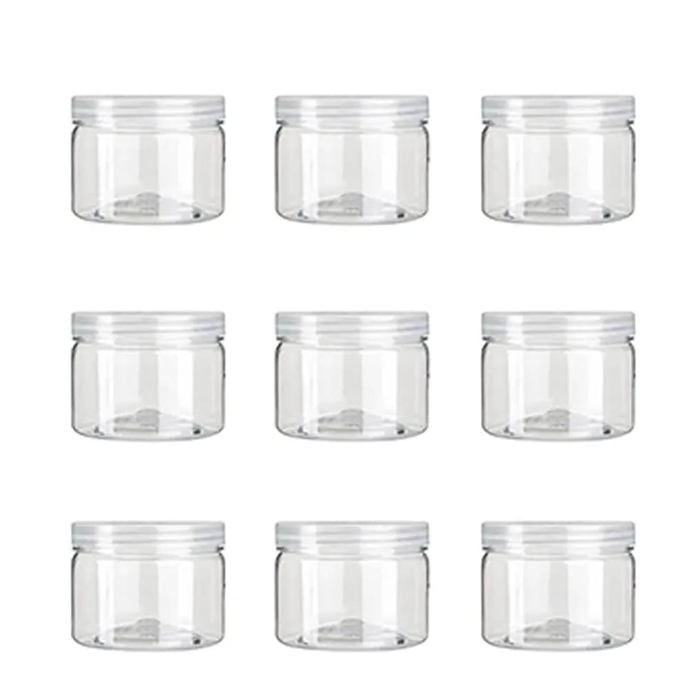 12 jars for food in transparent PET plastic with white screw covers to arrange spices in the kitchen, for clay DIY jobs.