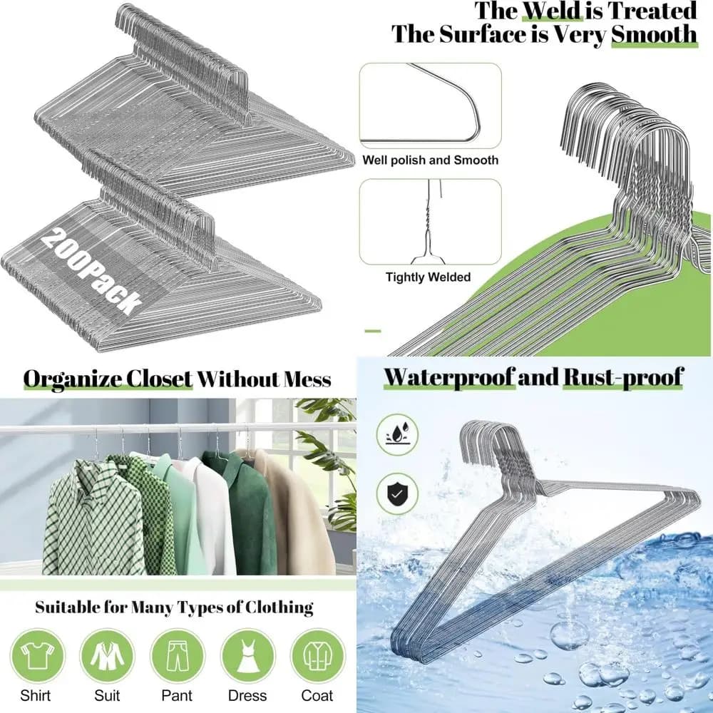 Pack of 200 metal wire hangers, 16 inch 12 caliber, slim design to save space, ideal for coats, dresses, shirts, pants, skirts