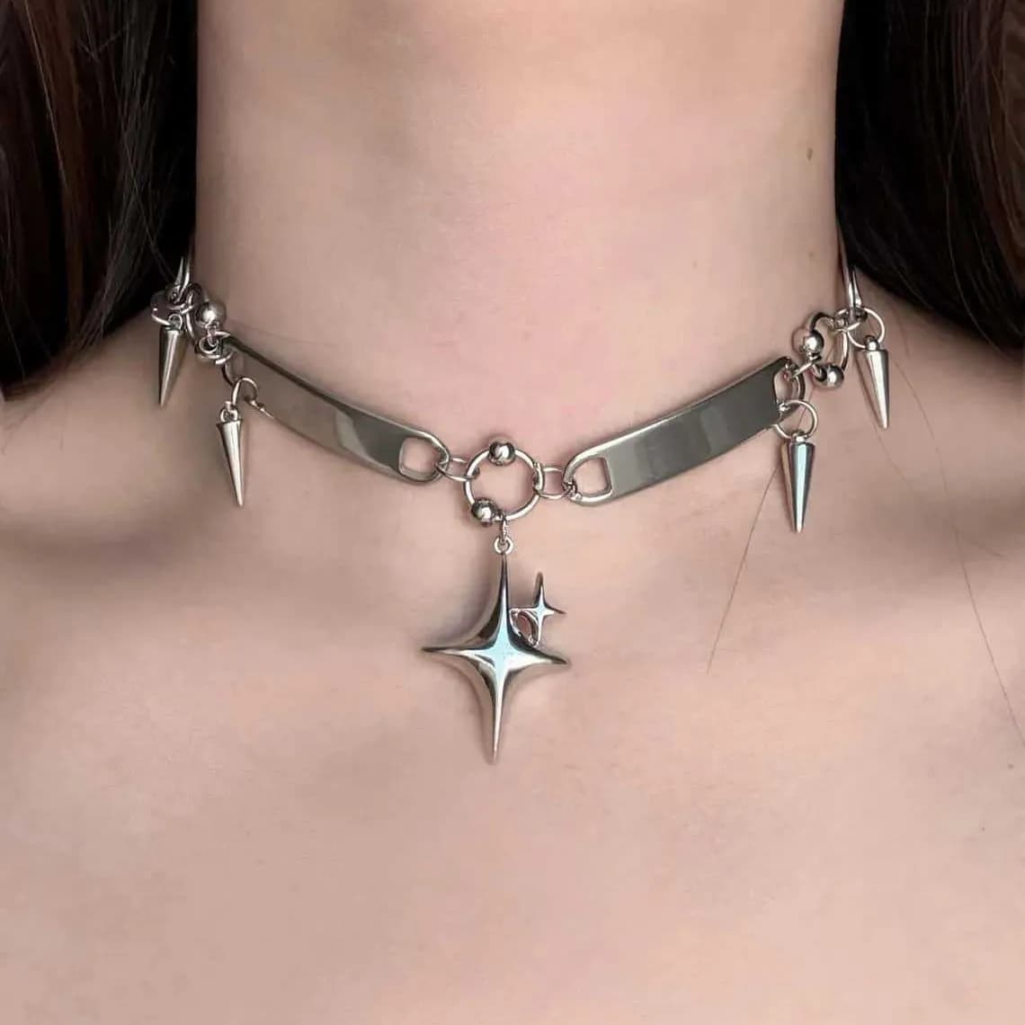 Punk Star Riveted Choker,Rock Jewelry,Y2k Accessory,Hippie,Goth,Design Sense,Spike,Cross Star,Nose Ring Charm,Necklace For Women