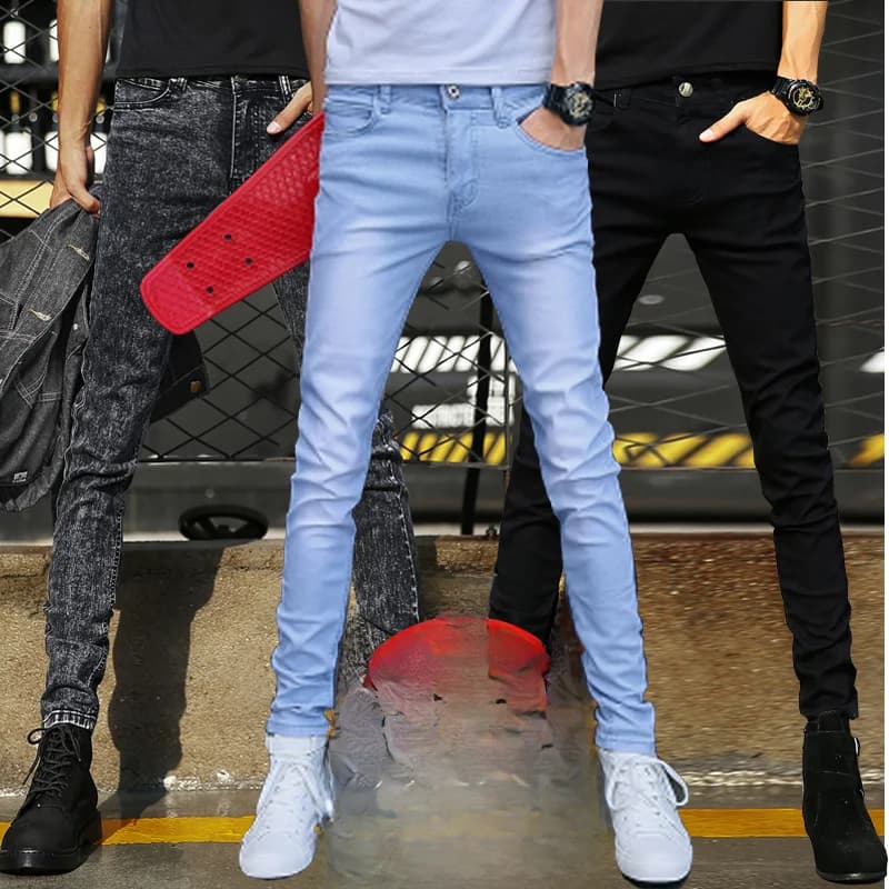 Winter Fleece Lined Youth Light Wash Denim Jeans Men's Trendy Slim Fit Elastic Leggings Korean Style Casual Pants