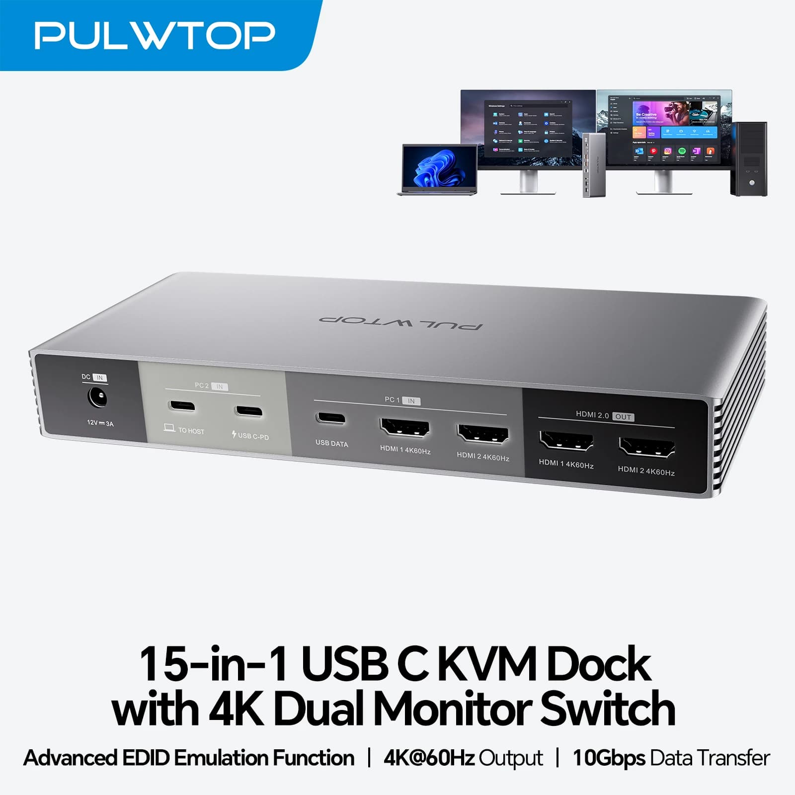Docking station per switch KVM PULWTOP per laptop e desktop, con 2 HDMI, USB A/C 3.2 10 Gbps, ricarica da 15 W, audio